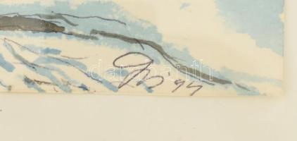 Olvashatatlan jelzéssel: Kárpátaljai havas táj fatemplommal, 1994. Akvarell, papír. Jelzett. Üvegeze...