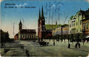 1920 Békéscsaba, Szent István tér, templomok. Gesmey Soma kiadása (kopott sarkak / worn corners)