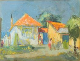 Újhelyi Gábor (1925-2005): Kutyasétáltatás, 1958. Olaj, vázon, jelezve balra lent, üvegezett fakeretben. 60x80 cm