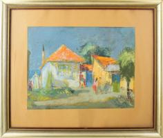 Újhelyi Gábor (1925-2005): Kutyasétáltatás, 1958. Olaj, karton, jelezve balra lent, üvegezett fakere...