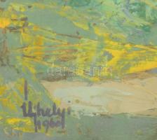 Újhelyi Gábor (1925-2005): Kutyasétáltatás, 1958. Olaj, karton, jelezve balra lent, üvegezett fakere...