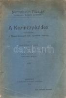 Hatvani János:  A Kazinczy-kódex nyelvjárása a Tihanyi-kódexszel való egyezései kapcsán. Nyelvtörténeti tanulmány. (Dedikált.) Budapest, 1914. A Magyar Nyelvőr kiadása (Fejér és Glatter Kő- és Könyvnyomdája). 80 + [2] p. Egyetlen kiadás. Dedikált: ,,Laji barátomnak szeretettel. 918. Hatvani János. Hatvani János nyelvtörténeti dolgozata a két késő középkori kódex, az 1526-1541 között keletkezett Kazinczy-, illetve az 1530-1532 között keletkezett Tihanyi-kódex nyelvváltozatait vizsgálja. Mindkét mű legendákat és prédikációkat tartalmaz, a jelentős tartalmi egyezéseket mutató kódexek egyaránt ferences szerzetesek kézírásos műve. A címoldalon a dedikáció felett egykori magyar nyelvű jegyzet. A címoldalon és a következő három levélen csökkenő mértékű foltosság. (Nyelvészeti füzetek, 72. szám.) Fűzve, sérült, javított kiadói borítóban, az első fedőborítón kisebb foltosság.