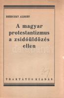 Bereczky Albert:  A magyar protestantizmus a zsidóüldözés ellen. Budapest, 1945. Református Traktátus Vállalat (Sylvester Rt. ny.) 44 + [4] p. Első kiadás. Bereczky Albert (1893-1966) református lelkész, későbbi református püspök összefoglalója a magyar nemzetet ért legsúlyosabb csapásnak tekinti a második világháború korát, ezen belül pedig külön kiemeli a zsidóüldözés rémtetteit, illetve a református egyház lehetőségekhez mért, mégis bátor kiállását a zsidóüldözés ellen - a kötet az általános politikai áttekintés után a református egyház állásfoglalásait, nyílt leveleit, tiltakozásait teszi közzé. A címoldalon és az első borítón régi tulajdonosi bejegyzés. Fűzve, feliratozott, sérült, javított kiadói borítóban.