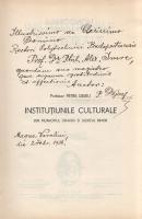 Dejeu, Petre:  Institutiunile culturale din municipul Oradea si judetul Bihor. (Dedikált.) [Bukarest-Nagyvárad-Lipcse] Bucuresti-Oradea-Leipzig, 1937. Szerző (Tipografia Franklin, Oradea). 318 p. A szerző latin nyelvű dedikációja: ,,Illustrissimo ad Clarissimo Domino Rectori Polytechnici Budapestiensis Prof. dr. phil. Alex. Imre, quondam suo magistro qua signum gratitudinis et affectionis Auctor: P. Dejeu. Magno-Varadini, die 2. Febr. 1938&quot;. Oldalszámozáson belül gazdag szövegközti illusztrációs anyaggal kísért nagyváradi és Bihar megyei helytörténeti monográfia. A kissé szelektív emlékezetű román szerző természetesen komoly figyelmet szentel a magyar hódítás előtti időknek, melyben dáko-román jelenlétet feltételez. A középkor kulturális eredményei után bőségesen ismerteti a helyi ortodox román kultúra fejlődéstörténetét. Az emlékezetes látószögű városi és vármegyei monográfiát a román történettudomány a mai napig nagy becsben tartja, egyes román szaktörténészek az 1990-es években megjelent, magyar kiadású Nagyvárad-monográfiákon is számonkérik Petre Dejeu-alapművének - magyar szempontból teljesen érthető - mellőzését. (Monografia municipiului Oradea si Judetului Bihor, Volumul II.) Prov.: Imre Sándor. [Imre Sándor (1877-1945) pedagógus, művelődéspolitikus. Kolozsvári egyetemi, majd tanári évei után a pedagógiatudomány elismert művelője, előbb Szegeden, majd Budapesten.] Aranyozott gerincű korabeli egészvászon kötésben, az eredeti fedőborítók bekötve.