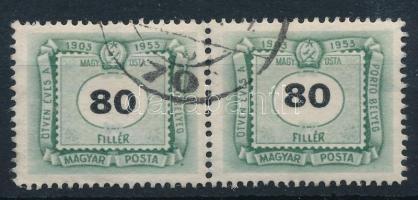 1953 50 éves a magyar portóbélyeg 80f pár, az egyik bélyeg felfelé tolódott értékszámmal