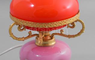 Üveg asztali lámpa, rózsaszín testtel, többrétegű narancsszínű búrával, m: 27 cm