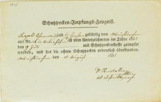 1835 ,,Schutzpocken-Impfungs-Zeugniss", igazolás himlő elleni védőoltásról, német nyelven, ,,Dr. Eberstaller" aláírással / Smallpox vaccination certificate