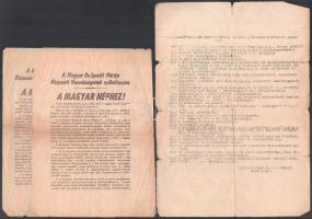 1956 Vegyes 1956-os röplap tétel: A Magyar Dolgozók Pártja Központi Vezetőségének nyilatkozata. A Magyar Néphez! 2 db; Felhívás a Magyar Néphez! Megalakult a forradalmi Munkás-Parasztkormány! (nov. 4.) , Már csak ti!!! Oroszok! Szovjet katonák és tisztek! Forradalmunkat már a Kádár kormány is elismerte, ... nov. 15. (javított, szakadt, rajta bejegyzéssel), Agrártudomány Egyetem MEFESZ alakuló ülésének határozati pontjai. Összesen: 5 db. Változó állapotban, hajtottak, közte szakadt.