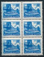 1963 Közlekedés 10f hatostömb látványos kék festékcsík, folt a bal oldali bélyegeken / Mi 1924 block of 6, huge blue paint spots on the left side