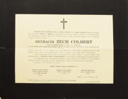 1937 deybachi báró Zech Colbert ny. tábornok, a volt 23. honvéd lovasdandár parancsnoka gyászjelentése, kisebb lapszéli sérülésekkel, 30x22,5 cm