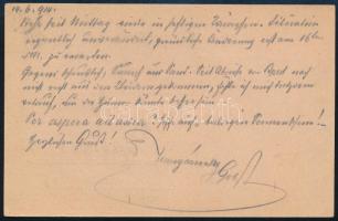 1916 Nádasi Tersztyánszky Károly (1854-1921) vezérezredes, világháborús hadvezér saját kézzel írt tá...