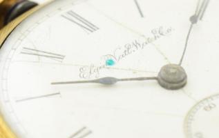 Elgin zsebóra díszített réz tokkal, repedt számlappal. javításra szorul d: 54 mm