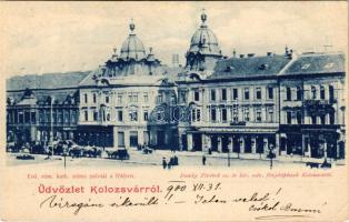 1900 Kolozsvár, Cluj; Erd. római katolikus státus palotái a főtéren, Reményik L. és Fiai üzlete, piac. Dunky Fivérek cs. és kir. udvari fényképészek / main square, Catholic palaces, shops, market (EK)