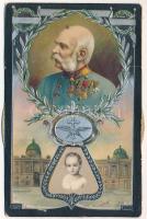 1848-1908 Ferenc József uralkodásának 60. évfordulója. Jubileumi díszes, szecessziós, dombornyomott litho mechanikus lap (szétesett) / Franz Joseph&#039;s 60th anniversary of reign. Art Nouveau, Emb. litho mechanical card (non PC) (b)