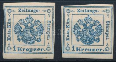 1858 2 db Hírlapilleték bélyeg világos és sötétkék színárnyalatban / Newspaper duty stamps in different blue shades