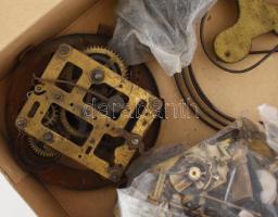 Egy doboz vegyes régi óraalkatrész, szerkezetek, stb