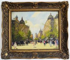 Berkes Antal (1874-1938): Nagyvárosi forgatag. Olaj, vászon. Jelezve jobbra lent. Hátoldalán vakrámán és vásznon Szalmásy Zsigmond Képszalonja Budapest bélyegzésével (1930-35 körül). 40x50 cm. Dekoratív, kissé kopott fakeretben. / oil on canvas, signed, framed