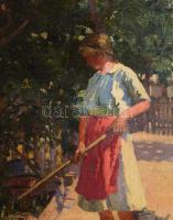 Mérő István (1888-1960): Lány napfényes udvaron. Olaj, vászon, jelezve jobbra lent. Dekoratív fakere...