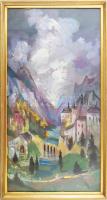 Molnár C. Pál (1894-1981): Toszkán táj zarándokokkal. Olaj, farost, jelzett, üvegezett fakeretben, 66×34 cm. / oil on wood fibre, signed, framed