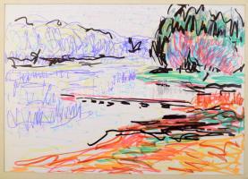 Tábori József (1928-2001), össz. 8 db mű: Tiszaparti tájak. Filctoll, papír. 2 db jelzett, egyik dat...