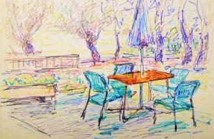 Tábori József (1928-2001), össz. 8 db mű: Tiszaparti tájak. Filctoll, papír. 2 db jelzett, egyik dat...