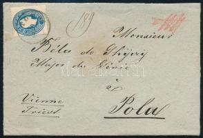 1861 Ajánlott levél 15kr + hátoldali 10kr bérmentesítéssel, mindkét bélyeg szép állapotban, a levél oldalt kissé megvágva, TOTIS - POLA