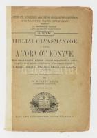 Dr. Dékány Géza: Bibliai olvasmányok. I. rész. A Tóra öt könyve. A Pesti Izr. Hitközség Vallástani Iskolakönyv-kiadványai 6. sz. Bp., 1910, Lampel R. (Wodianer F. és Fiai), 228+(2) p.+ 1 (színes, kihajtható térkép) t. Második kiadás. Kiadói papírkötés, sérült, kissé foltos borítóval, pótolt gerinccel, sérült fűzéssel, kijáró lapokkal.