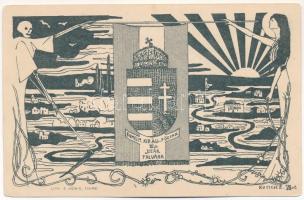 Fiume, Rijeka; Magyar királyi Állami Főgimnázium VI. osztály Deákfalvára, Studentika művészlap, magyar címer / Art Nouveau, Studentica art postcard with Hungarian coat of arms. Lith. E. Hönig s: Kucich E. (EK)