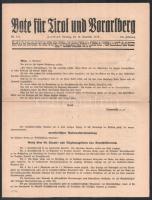 1918 I. Károly császár, magyar király trónról való lemondó nyilatkozata a Bote für Tirol und Vorarlberg c. lap november 16. számának címlapján. / 1918 Declaration of abdication by Emperor Charles I, King of Hungary in the Bote für Tirol und Vorarlberg c. newspaper on the front page of its November 16 issue.