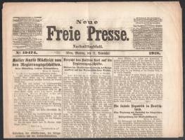 1918 I. Károly császár, magyar király trónról való lemondó nyilatkozata a Neue Freie Presse c. lap november 11. számának címlapján. / 1918 Declaration of abdication by Emperor Charles I, King of Hungary in the Neue Freie Presse newspaper on the front page of its November 11 issue.