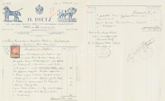 1906 Károly főherceg részére szállított lószerszámok számlája H. Dietz udvari szállítótól rányomtataott 10h illetékbélyeggel /  Invoice for horse tools delivered to Archduke Károly from court supplier H. Dietz with printed document stamp