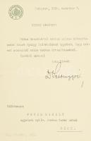 1935 Zsitvay Tibor (1884-1969) országgyűlési képviselő, korábbi igazságügy-miniszter, képviselőházi és országgyűlési elnök autográf aláírása gépelt köszönő levelén, fejléces papíron