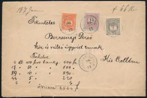 1894 Pénzeslevél 1kr + 15kr + 50kr bérmentesítéssel "MAGYAR-GENCS"- Kis-Czell, "Sérült állapotban érkezett" hátoldali feljegyzéssel