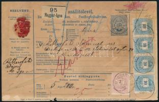 1897 Csomagszállító 42kr bérmentesítéssel (közte látványosan elfogazott Színes számú 10kr) "MAGYAR-IGEN" - Budapest, Elutazott feljegyzéssel és a hátoldalon "Nincs bejelentve" államrendőrségi megjegyzéssel.