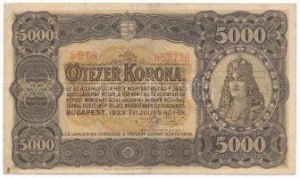 1923. 5000K piros "5 B09 652778" sorszámmal "Magyar Pénzjegynyomda Rt. Budapest" nyomdahely jelöléssel T:F Adamo K39