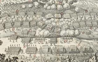 Csatajelenet a császári és a szász csapatok között (megjelent. Merian, 1674). Rézmetszet, papír, jel...