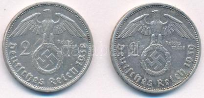 Német Harmadik Birodalom 1938D - 1939A 2M Ag (2xkfl) "Hindenburg" T:XF patina
German Thir...