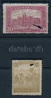 1921 Parlament 30K lemezhiba a 0-ban + 1924 Arató 600K lemezhiba a 6-osban (hajtott) / Mi 361 + 394 (folded) with plate variety