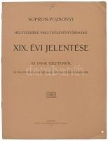 1916 Sopron-Pozsonyi Helyi Érdekü Vasut Részvénytársaság XIX. évi jelentése az 1915-ik üzletévről. Az 1916 junius hó 9-én tartandó rendes közgyűlés részére. Bp., 1916, Riegler J. E., 8 sztl. Kiadói papírkötés, a borítón kis lyukkal.