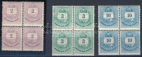 1881 2kr, 3kr, 10kr II. lemez négyestömbök, karcokkal és lemezhibákkal (2 x 10kr falcos) / 2kr, 3kr, 10kr plate II. blocks of 4 with scratches and plate flaws (2 x 10kr hinged)