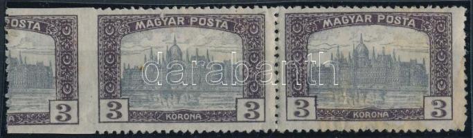 1919 Magyar Posta 3K hármascsík érdekesen elfogazva, 20 mm-t ugrott a fogazóléc (hajtott, betapadás, foltok) / Mi 258 stripe of 3 with shifted perforation (folded, spots, gum disturbance)