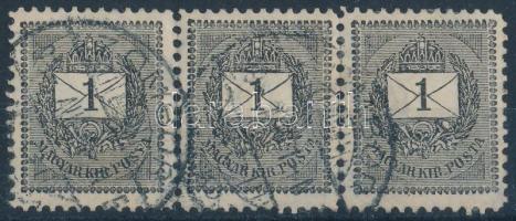 1898 1kr hármascsík 11 1/2 fogazással, összefüggő típus, RR! / Mi 41 X stripe of 3, perforation 11 1/2