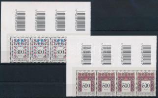 1996 Magyar Népművészet 300Ft és 500Ft felső ívsarki négyescsíkokban vonalkóddal / Mi 4409-4410 corner stripes of 4 with bar codes