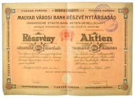 Budapest 1922. "Magyar Városi Bank Részvénytársaság" 25 részvénye egyben, egyenként 400K-ról (2x), szelvényekkel, szárazpecséttel, bélyegzéssel T:F folt