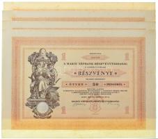 Makó 1929. "Makói Népbank Részvénytársaság" részvénye 50P-ről, szelvényekkel, szárazpecséttel (4x), sorszámkövetők T:AU folt, gemkapocs nyom