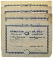 Budapest 1920-1922. Magyar Asphalt Részvénytársaság részvénye 200K-ról, magyar és német nyelven, szelvények nélkül, szárazpecséttel, felülbélyegzésekkel (4x) egy sorszámkövető párral T:AU-F folt