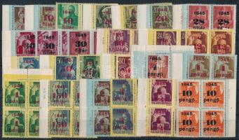 1945 Kisegítő bélyegek sor négyestömbökben, közte dátum- és keletjelzések / set in blocks of 4