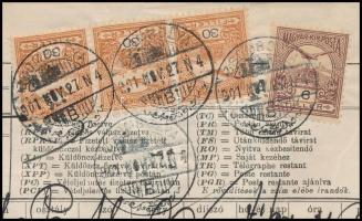 1901 Távirat 4 db Turul bélyeggel / Telegramm with 4 stamps "ZSOMBOLYA"