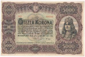 1920. 5000K "MINTA" perforációval és piros "000 000000" számozással T:XF /  Hungary 1920. 5000 Korona with "MINTA (SPECIMEN)" perforation and red "000 000000" serial C:XF Adamo K38M1a+