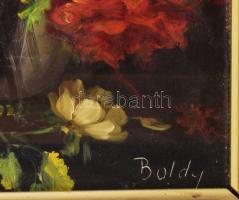 Boldy jelzéssel: Csendélet. Olaj, farost, kissé sérült fa keretben. 29x23 cm